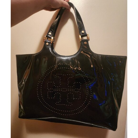 Tory Burch Bombe Tote Black Patent Leather Perforated Logo Shoulder Bag - Picture 5 of 10